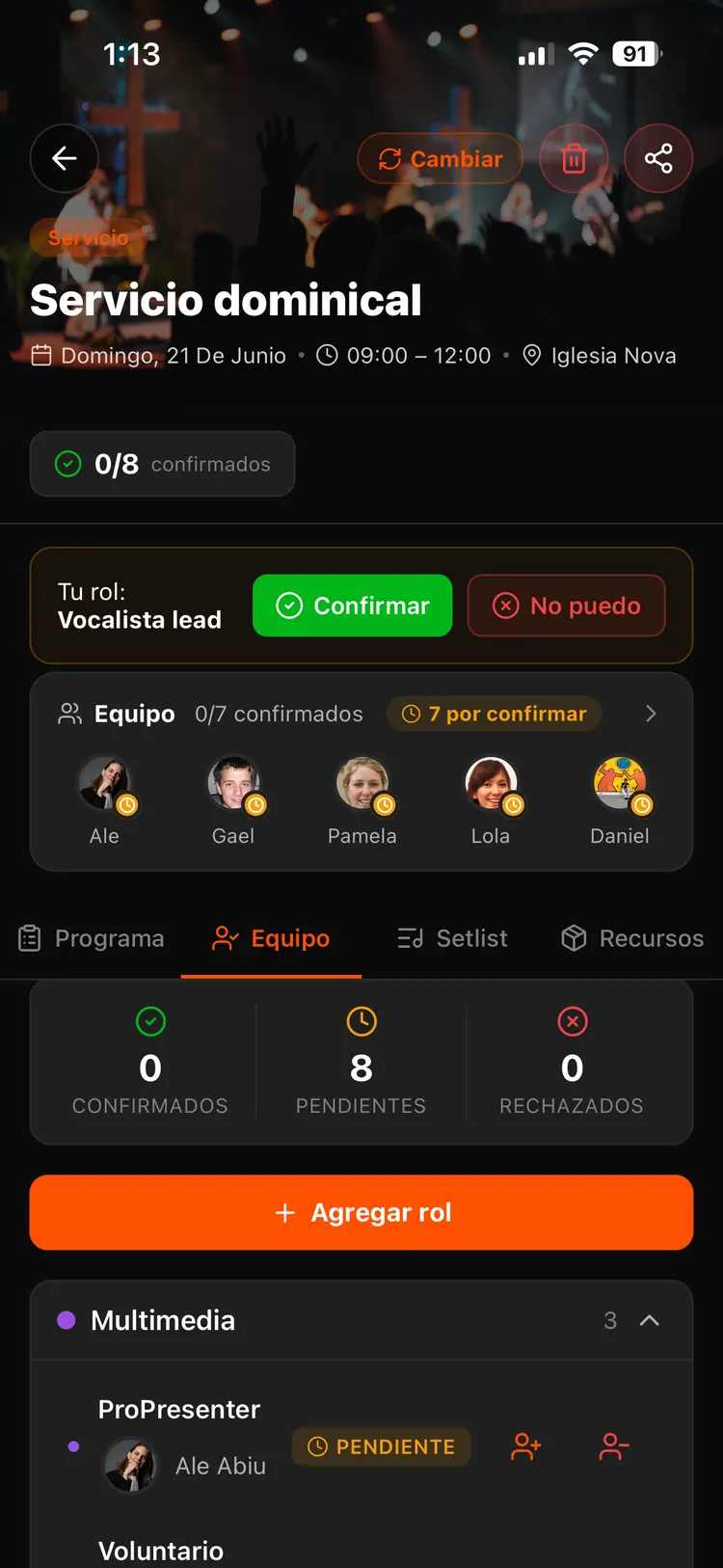 Pantalla de la app: el voluntario ve su rol y confirma con un toque