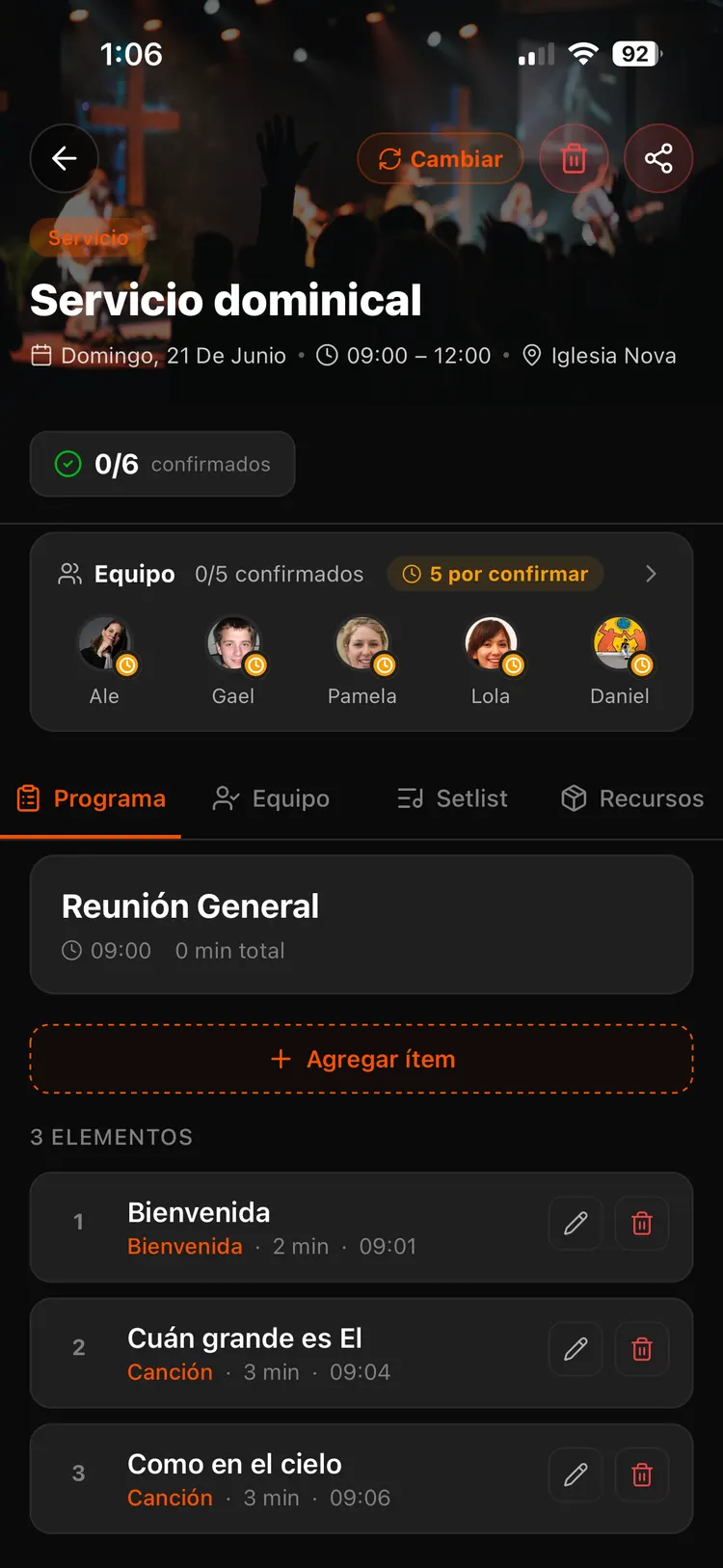 Programa del servicio en la app, con cada rol asignado